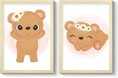 SC CREATIVES Set of 2 Happy Little Bear Nursery Framed Wall Painting with Plexi Glass Inches Wall Art Gift Posters for Wall Decor Wall Hangings - Wooden Frame | Ready To Hang Digital Reprint 16 inch x 12 inch Painting(With Frame, Pack of 2)