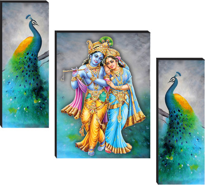 Masstone Radhe Krishna with Peacock Religious 3 Piece MDF Painting Digital Reprint 12 inch x 18 inch Painting(With Frame, Pack of 3)