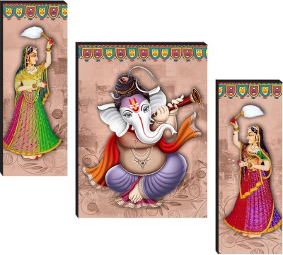 Masstone Lord Ganesha Religious 3 Piece MDF Painting Digital Reprint 12 inch x 4.5 inch Painting(With Frame, Pack of 3)