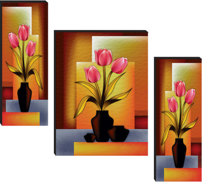 Masstone Colorful Flower Vase Modern Art 3 Piece MDF Painting Digital Reprint 12 inch x 4.5 inch Painting(With Frame, Pack of 3)