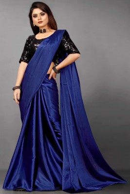 SM TRENDZ Solid/Plain Bollywood Crepe, Satin Saree(Dark Blue)