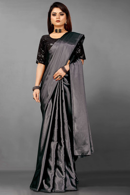 Flip The Style Solid/Plain, Dyed, Self Design Bollywood Satin Saree(Grey)