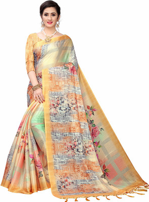 Leeza Store Woven Banarasi Cotton Blend Saree(Yellow)