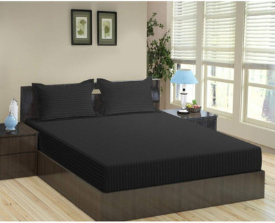 gbl impex 144 TC Microfiber Double Striped Fitted (Elastic) Bedsheet(Pack of 1, Black)