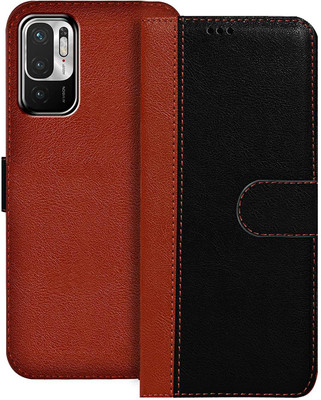 Mycos Flip Cover for Mi Redmi Note 10T 5G(Black, Brown, Shock Proof, Pack of: 1)