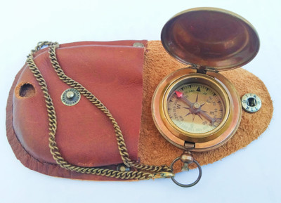 Ascent India Antique brown finish brass pocket push button lid compass chain with Leather case Compass(Brown)