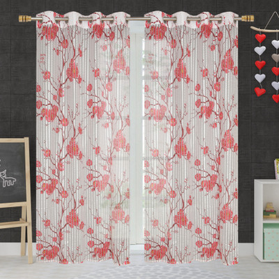 Homefab India 213.5 cm (7 ft) Door Polyester Transparent Curtain (Pack Of 2)(Maroon, Floral)