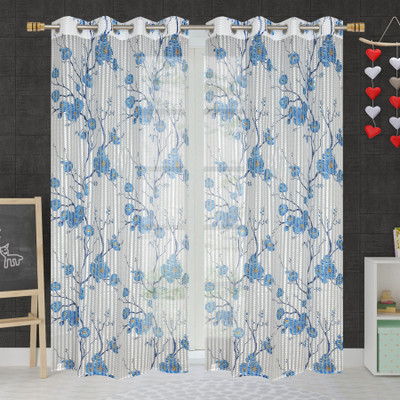 Homefab India 152.5 cm (5 ft) Window Polyester Transparent Curtain (Pack Of 2)(Blue, Floral)