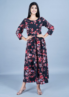 Matkewalaz Women Floral Print Flared Kurta(Black)