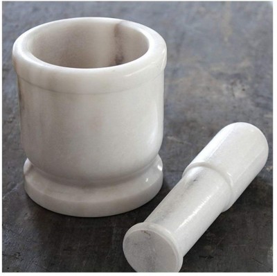 MONSHA Natural White Marble Mortar and Pestle Set, Imam Dasta, Ohkli Musal, Kharal- 4 Inches (White) Marble Masher