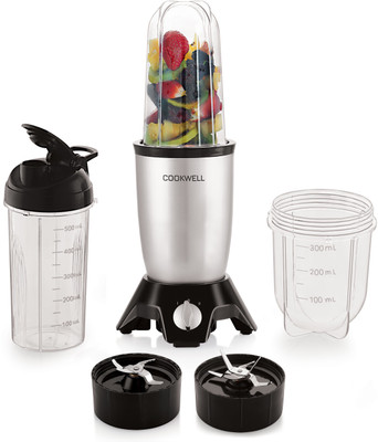 cookwell Bullet 600 W Juicer Mixer Grinder(Push + Knob | 3 Jars | Silver and Black)
