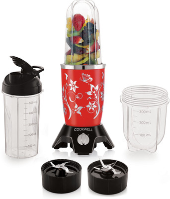 cookwell Bullet 600 W Juicer Mixer Grinder(Push + Knob | 3 Jars | Red Flower)