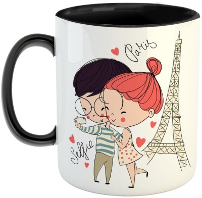 Furnish Fantasy Couple with Eiffel Tower Ceramic Coffee - Best Gift for Husband, Boyfriend, Girlfriend, Wife, Valentine Day Gift - Color - Black (1187) Ceramic Coffee Mug(350 ml)