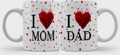 lala hathrasi LH1030 I LOVE MOM I LOVE DAD Printed Ceramic Coffee and Tea mug for Mom Dad on Anniversary, Birthday or any other Occasion Pack of 2, 330ml Ceramic Coffee Mug(330 ml, Pack of 2)