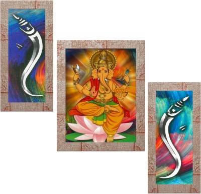 Indianara Set of 3 Lord Ganesha Framed Art Painting (3005MR) without glass (6 X 13, 10.2 X 13, 6 X 13 INCH) Digital Reprint 13 inch x 10.2 inch Painting(With Frame, Pack of 3)