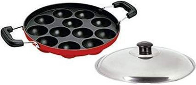 Swarambh Non-Stick 12 Cavity Aluminium Appam Patra Ponganal Maker Paniarakkal Litti Maker Appe Pan with Lid Appam Patra Non Stick with Lid Paniarakkal with Lid 0.5 L capacity 22.4 cm diameter(Aluminium, Non-stick)
