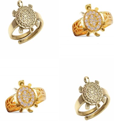VAIBHAV Exclusive Combo Pack Of 2 Meru/Kachua/Tortoise/Bhagya/Goodluck Ring and 2 Shree/Shri Yantra Ring on Tortoise (For Wealth,Prosperity,Name,Fame,Success,Prosperity,Happiness,Wealth,Heath) Brass Cubic Zirconia Gold Plated Ring Set