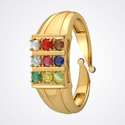 Vaibhav Pratisthan Vaibhav Pratisthan Yellow Gold Plated Navratna Ring for Men and Women, Certified Navratna Rings 9 Gems Panna, Neelam, Emerald and More Gemstone Metal Gold Plated Ring