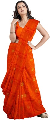 PREOSY Floral Print Jamdani Cotton Blend Saree(Orange)