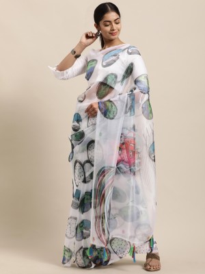 Blissta Printed Bollywood Organza Saree(White)