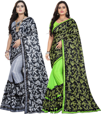 Freydis Floral Print Bollywood Lycra Blend Saree(Pack of 2, Light Green, Grey)