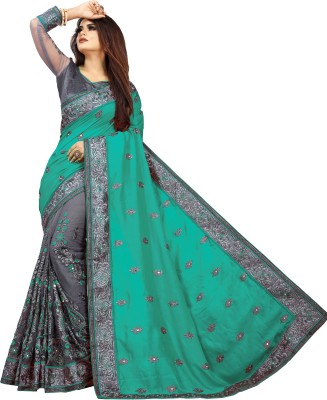 b bella creation Embroidered, Embellished Bollywood Net, Art Silk Saree(Green)