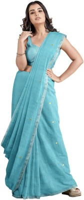 PREOSY Embellished Handloom Cotton Blend Saree(Light Blue)