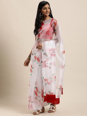 Blissta Floral Print Bollywood Organza Saree(White)