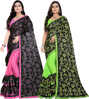 Freydis Floral Print Bollywood Lycra Blend Saree(Pack of 2, Light Green, Pink)
