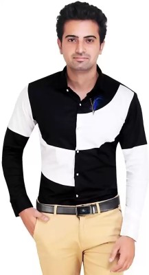 Shopy Unlimited Men Color Block Casual White, Black Shirt