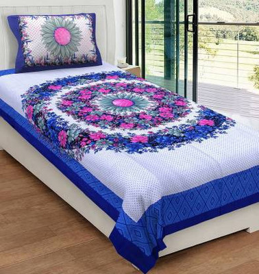 PETROSOLY 144 TC Cotton Single Jaipuri Prints Flat Bedsheet(Pack of 1, Blue)