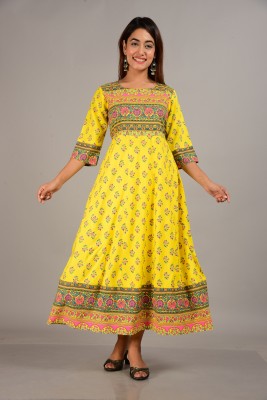 PANCHUJI Women Printed Anarkali Kurta(Yellow)