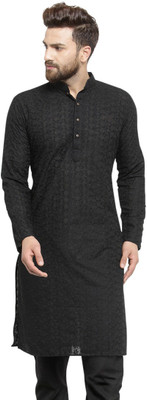 JS COLLECTION Men Chikan Embroidery Straight Kurta(Black)