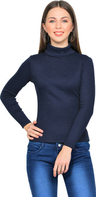 NUEVOSDAMAS Solid High Neck Casual Women Blue Sweater
