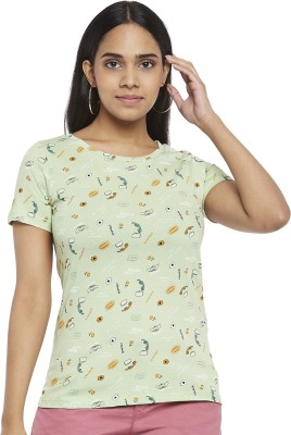 Honey By Pantaloons Printed Women Round Neck Light Green T-Shirt