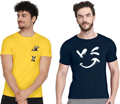 Fflirtygo Printed Men Round Neck Blue, Yellow T-Shirt