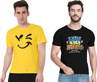 Fflirtygo Printed Men Round Neck Black, Yellow T-Shirt