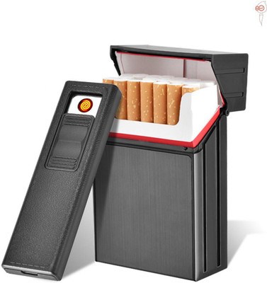 Explorer ™ Brand New Latest Design Portable Storage Windproof and Flameless Lighter with 20 Cigarette Storage Space | Detachable Cigarette Lighter with Black Metal Box 20 Pc Cigarette Holder Cum Electric Rechargeable Lighter | Easy To Carry Anywhere Cigarette Lighter, USB Cable(Black)