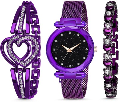 Endeavour MAGNET 4 PURPLE_3X COMBO 21 Century Luxurious Looking 2021 Starry Sky Magnetic Watch Wrist Style Fancy Bracelet Women Watches Ladies Wristwatch for Girls Analog Fashion Female Clock Gift with Magnet Mash Strap Bizarre Purple Luxury Mesh Buckle sky Quartz girls Mysterious Lady New Chain Bel