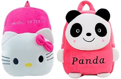 Pandora Hello Kitty and Pink Panda Velvet Kids School Bag - 2 to 5 Age - Pack of 2 Waterproof School Bag(Pink, 10 L)