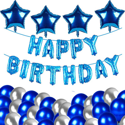 Realistic Store Printed Happy Birthday Blue dot Foil Balloon With HD Metallic Balloons & Star Theme For Decoration Kit Set Letter Balloon(Blue, Silver, Pack of 47)