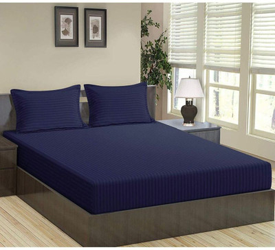 gbl impex Microfiber Double Fitted (Elastic) 144 TC Striped Bedsheet(Pack of 1, Navy Blue)