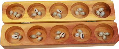 PALJJI HANDICRAFTS Vamana Guntalu/Pallanghuzi /Mancala Wooden Board Game with 50 Cowrie Shells - 10 Pit Educational Board Games