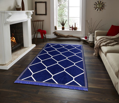 Linen Basics Blue, White Chenille Runner(5 ft,  X 210 cm, Rectangle)