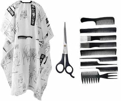 Ajora rofessional Hairdressing Combo of Hair Cutting Comb Set With Scissor and Apron Cutting Sheet For Men And Women Saloon Use Accessories Pack Of 1(11 Items in the set)