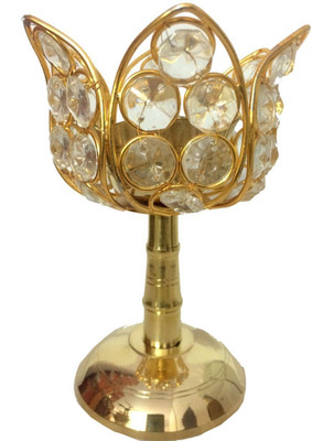 DreamKraft Lotus Shape Akhand Diya | Decorative Brass Crystal Oil Lamp | Puja Lamp | Diamond Crystal Deepak/Dia | (large(17.5X12.5 x 12cm)) Crystal Table Diya(Height: 17.5 inch)