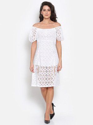 MARC LOUIS Women A-line White Knee Length Dress