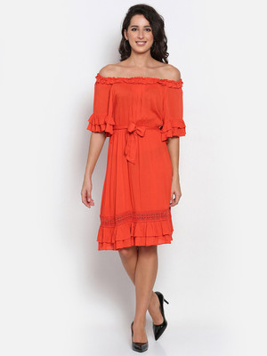 MARC LOUIS Women Fit and Flare Orange Knee Length Dress