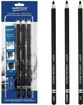 WORISON Charcoal Pencils Set 3pcs Soft Medium and Hard Pencils with Sharpener Included Pencil(Pack of 3)