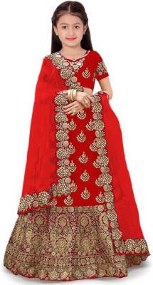 F Plus fashion Girls Lehenga Choli Ethnic Wear Embroidered Lehenga, Choli and Dupatta Set(Red, Pack of 1)